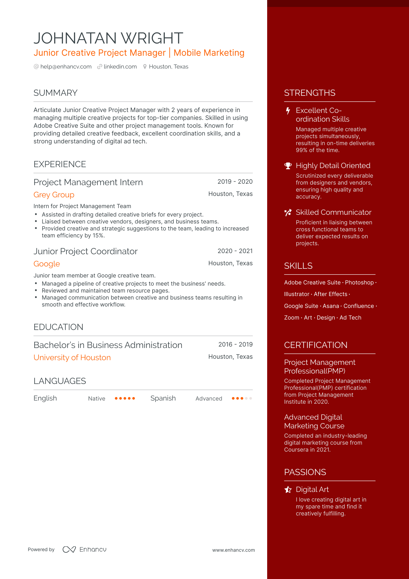 Junior Project Manager Resume Example