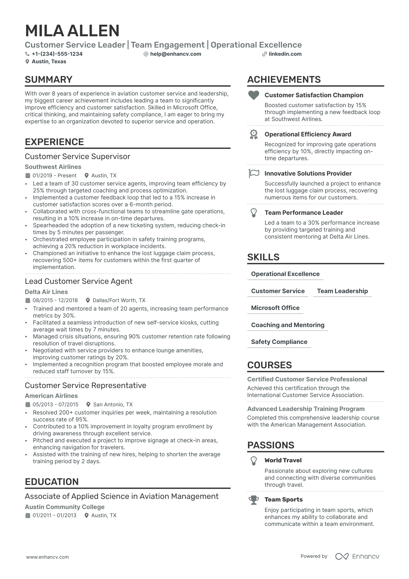 Customer Service Leader | Team Engagement | Operational Excellence resume example