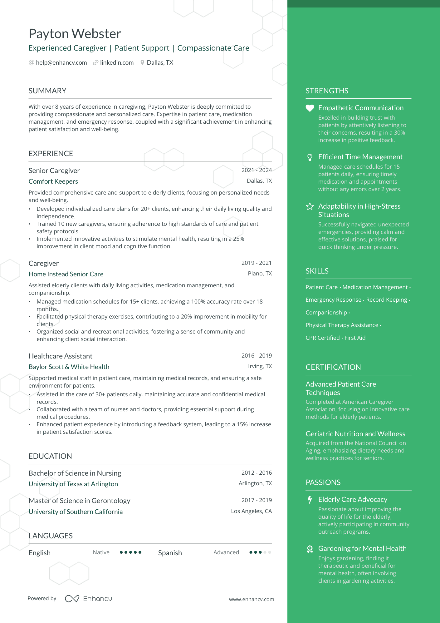 Experienced Caregiver | Patient Support | Compassionate Care resume example