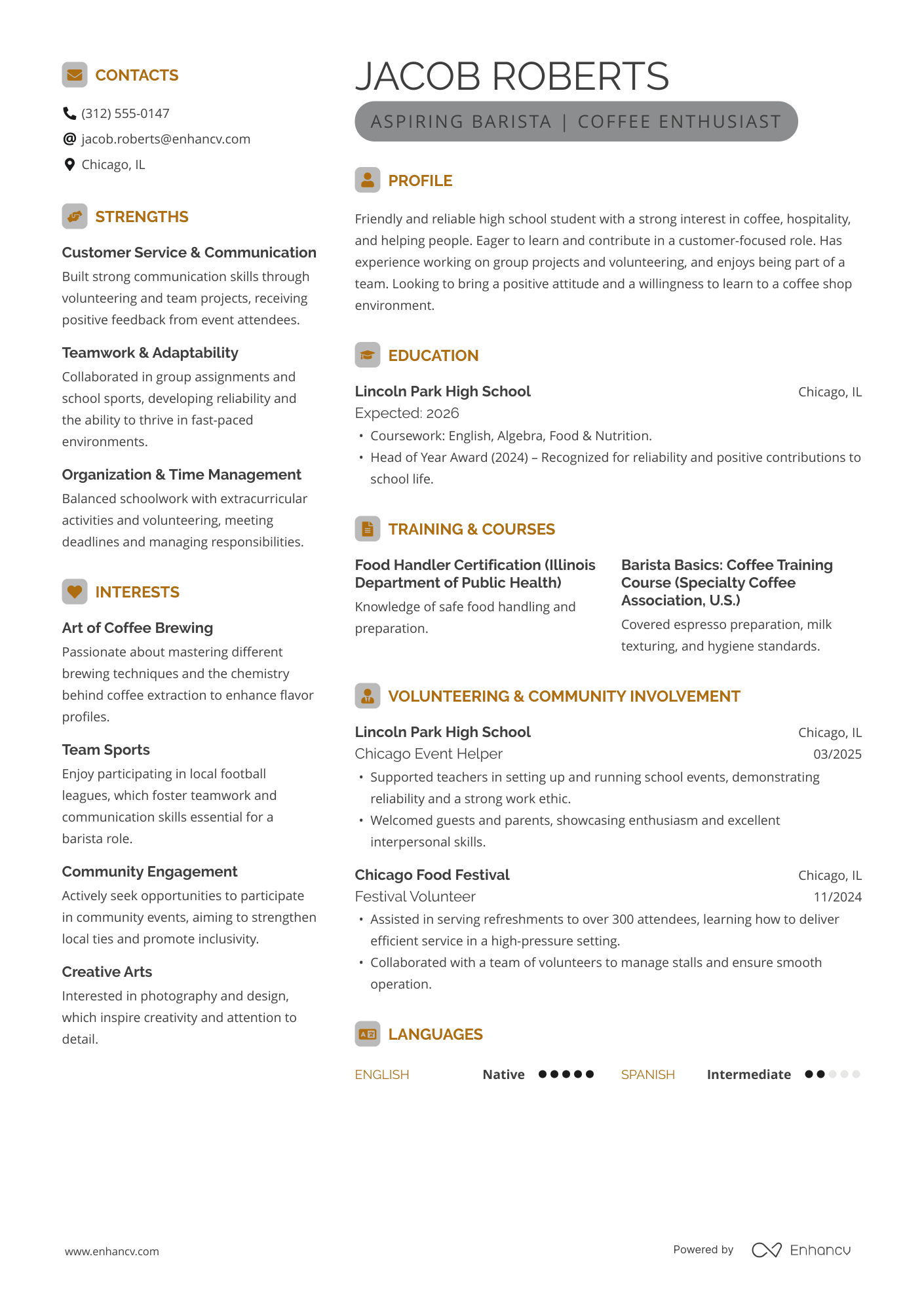 Aspiring Barista | Coffee Enthusiast resume example