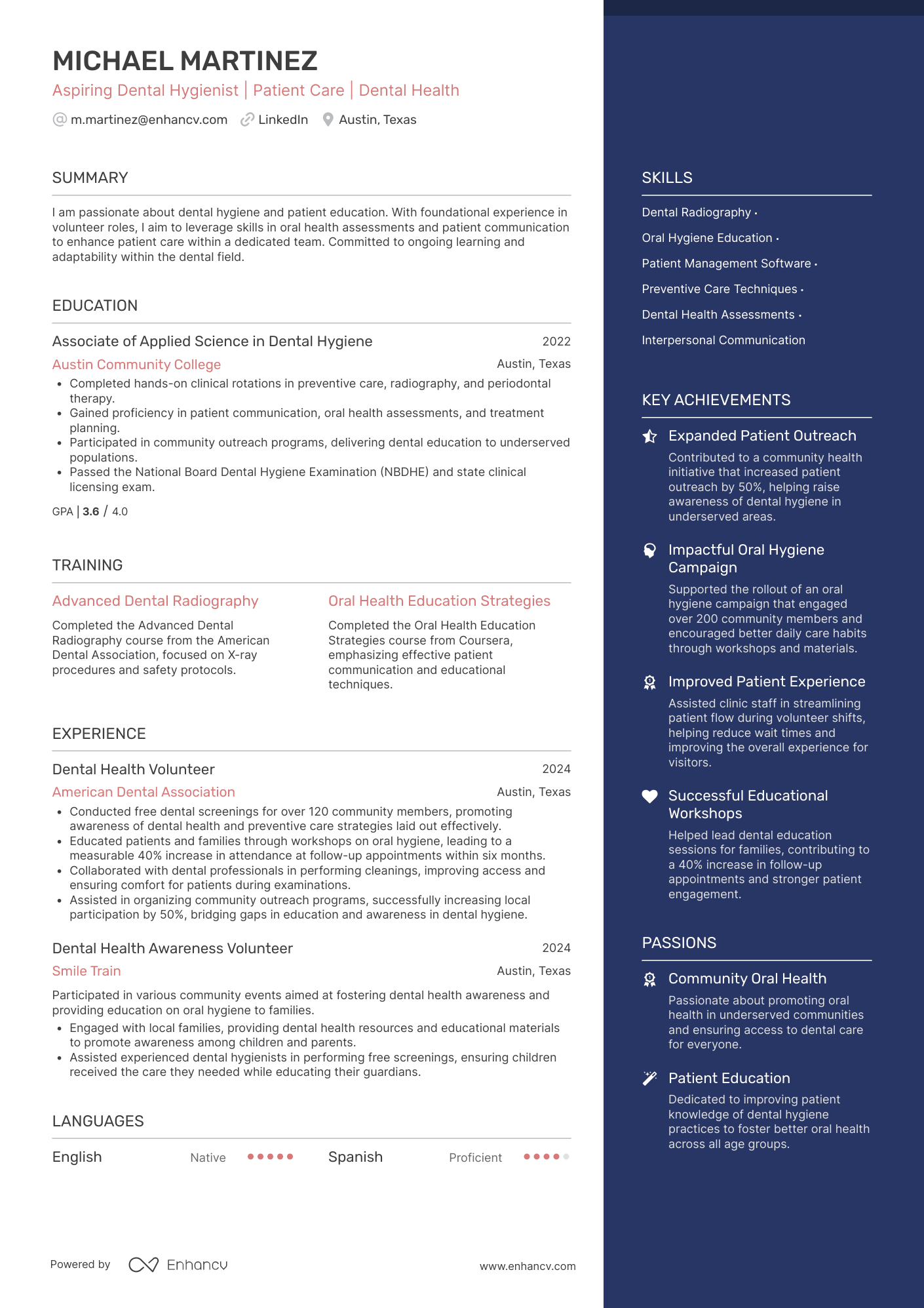 Aspiring Dental Hygienist | Patient Care | Dental Health resume example