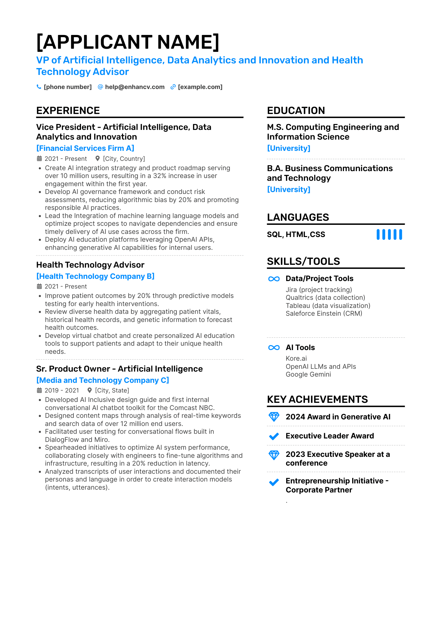 VP of Artificial Intelligence, Data Analytics and Innovation and Health Technology Advisor resume example