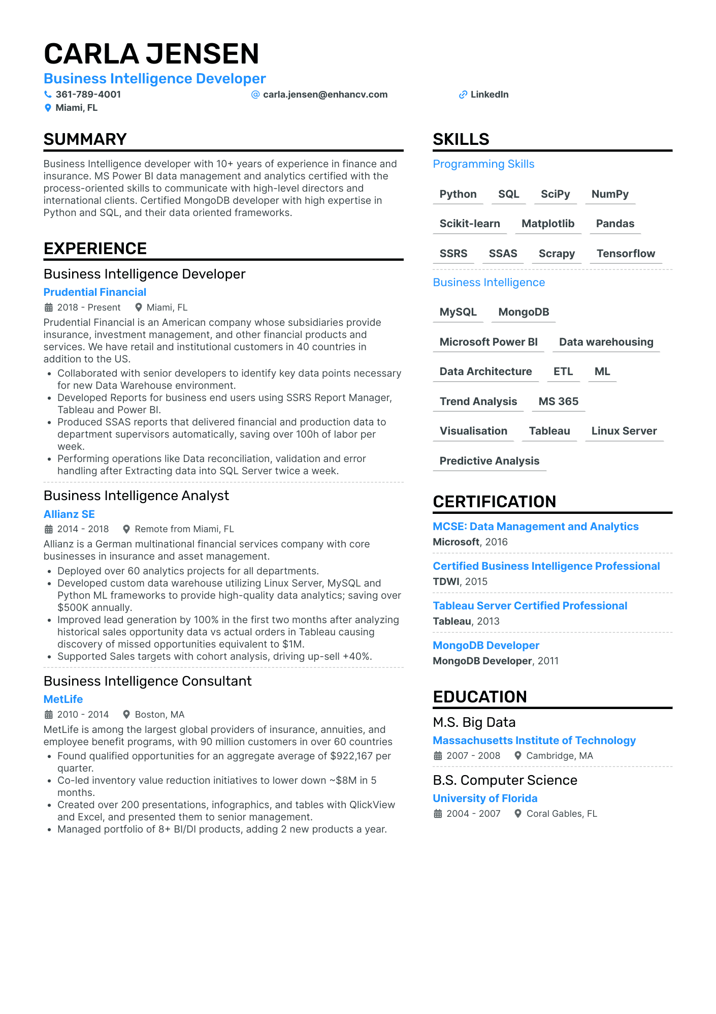 Business Intelligence Developer resume example