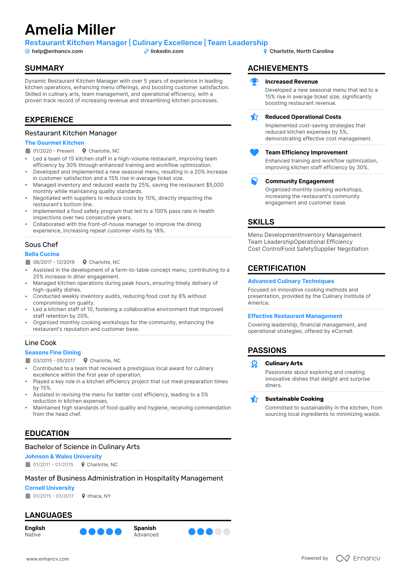 Restaurant Kitchen Manager | Culinary Excellence | Team Leadership resume example