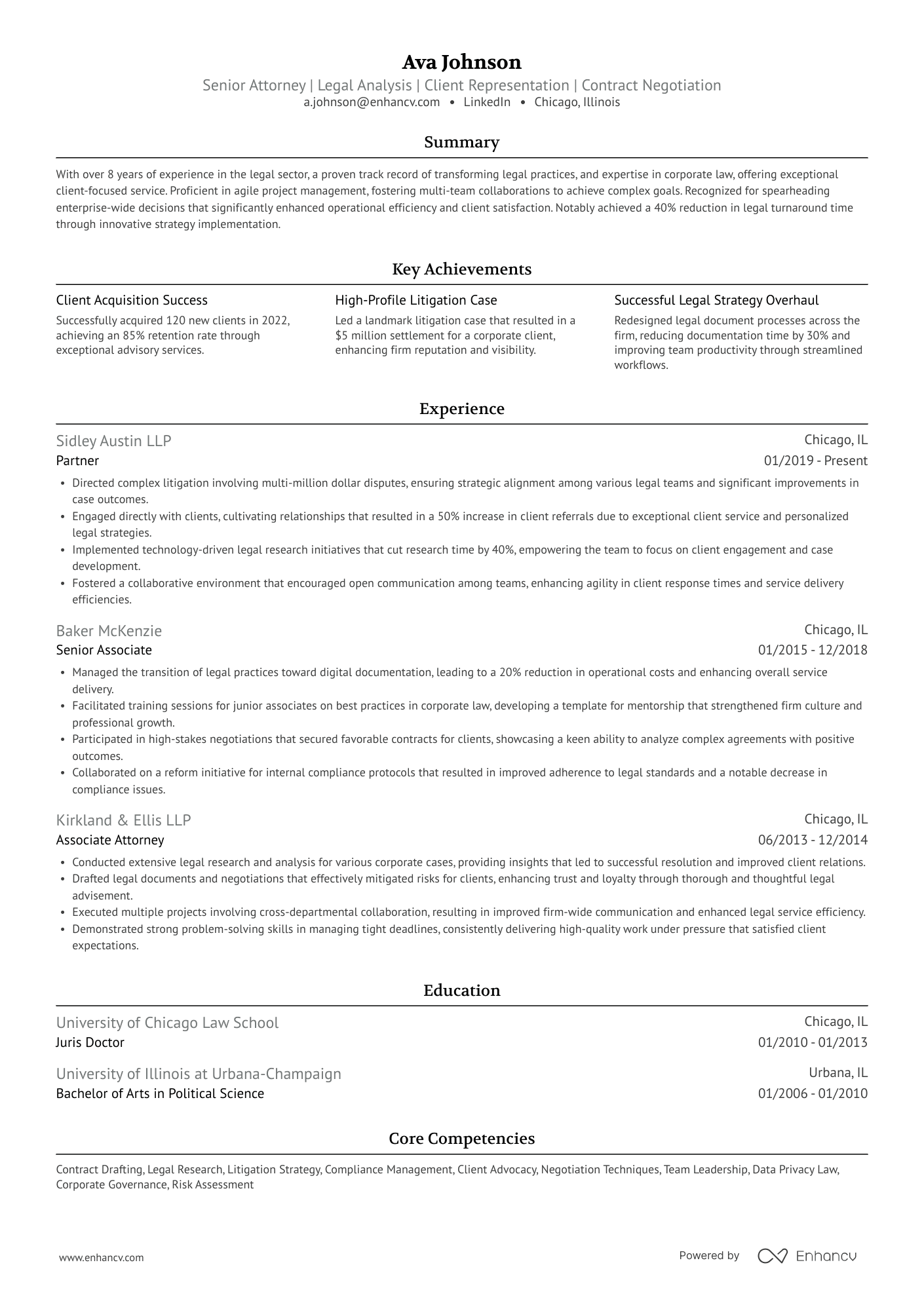 Senior Attorney | Legal Analysis | Client Representation | Contract Negotiation resume example
