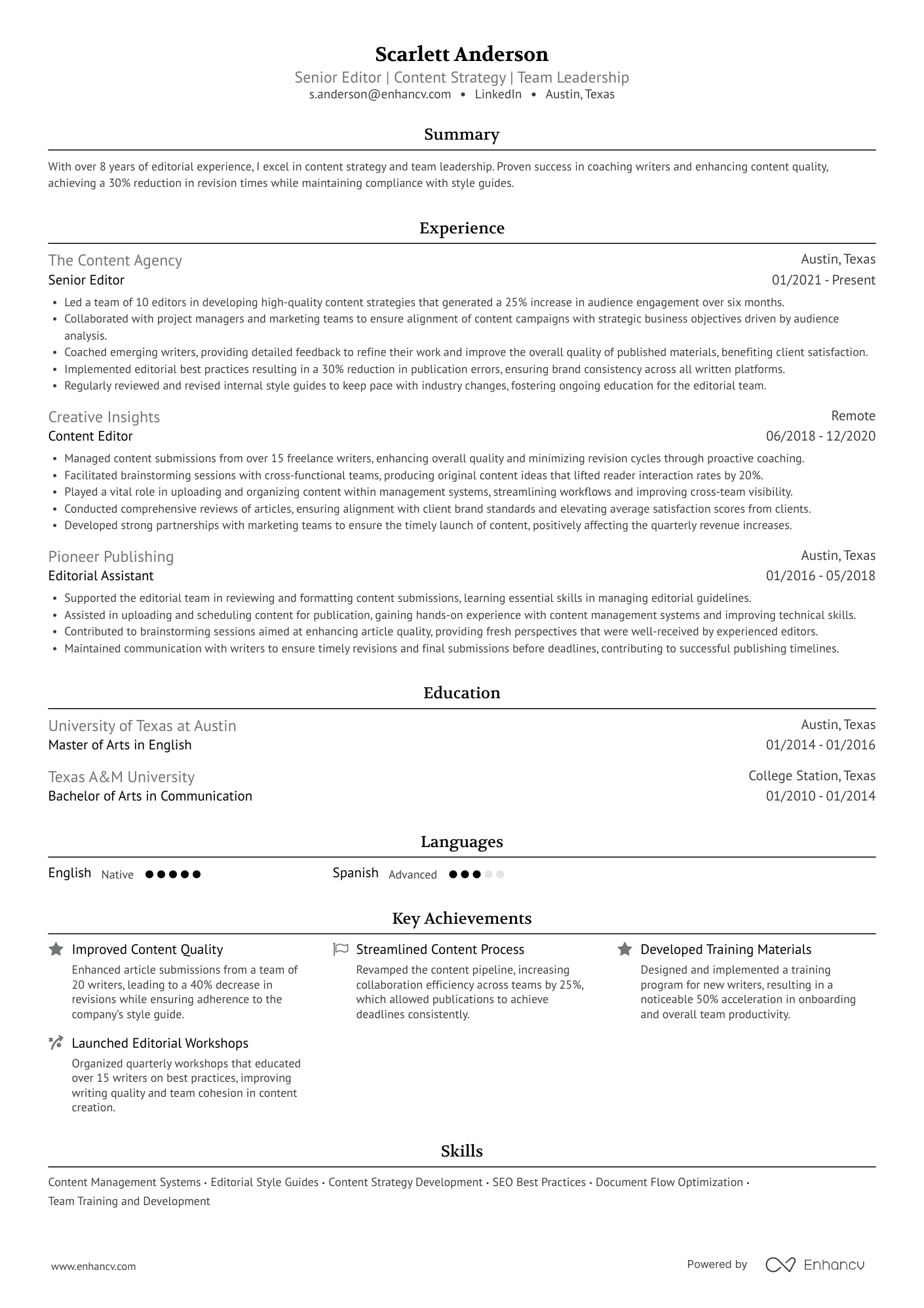 Senior Editor | Content Strategy | Team Leadership resume example