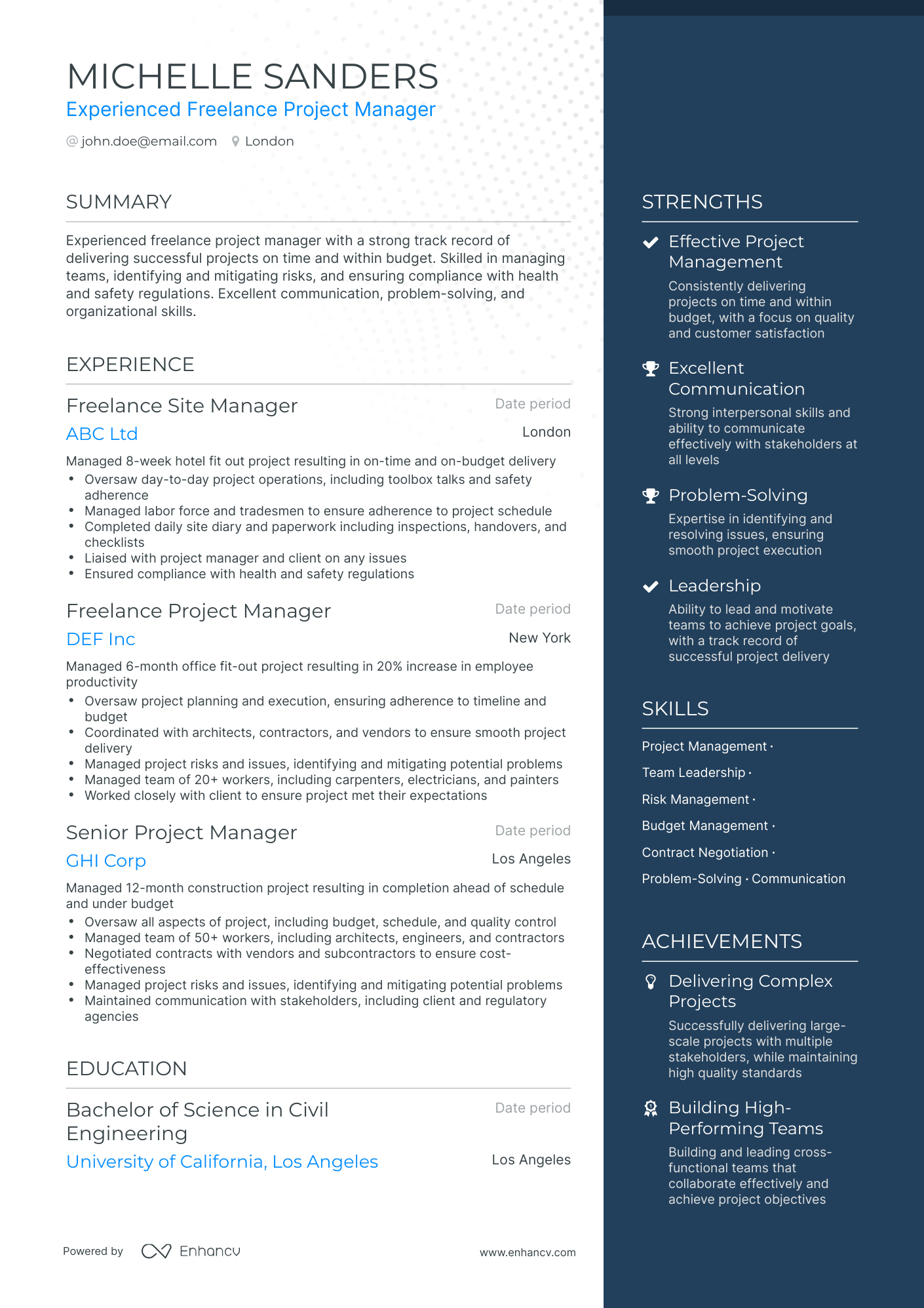 project manager resume highlights Freelance Project Manager Resume Example