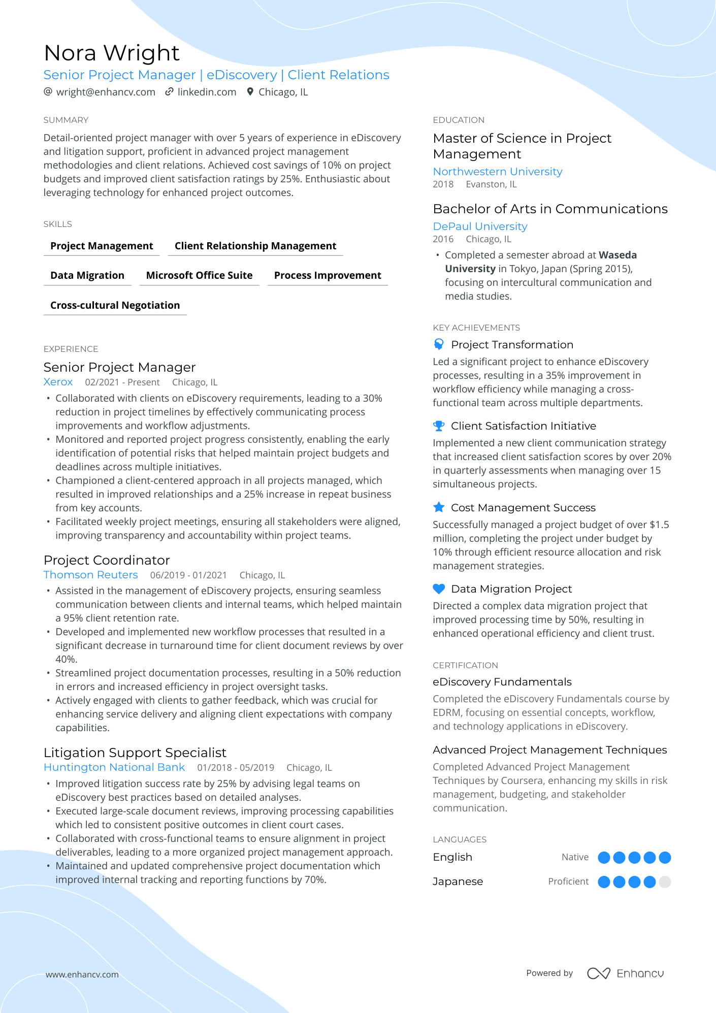 Senior Project Manager | eDiscovery | Client Relations resume example