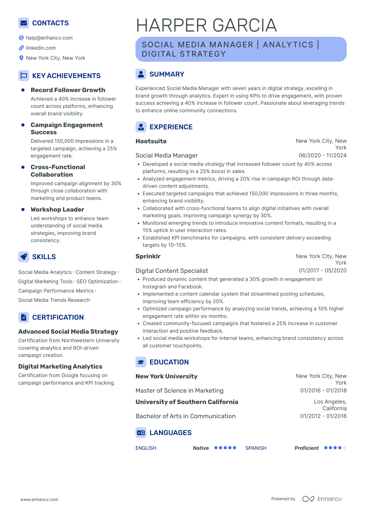 SOCIAL MEDIA MANAGER | ANALYTICS | DIGITAL STRATEGY resume example