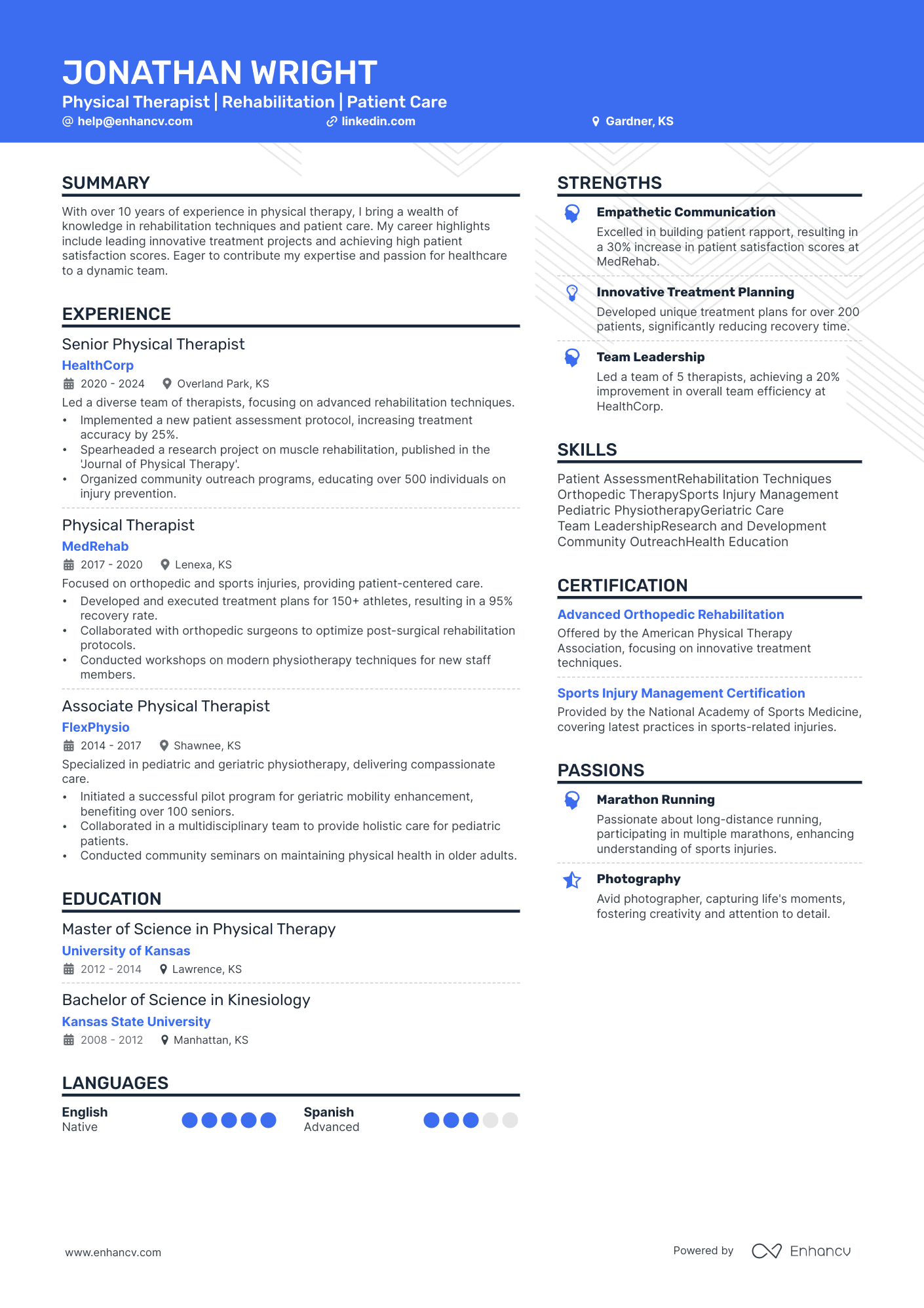 Physical Therapist | Rehabilitation | Patient Care resume example