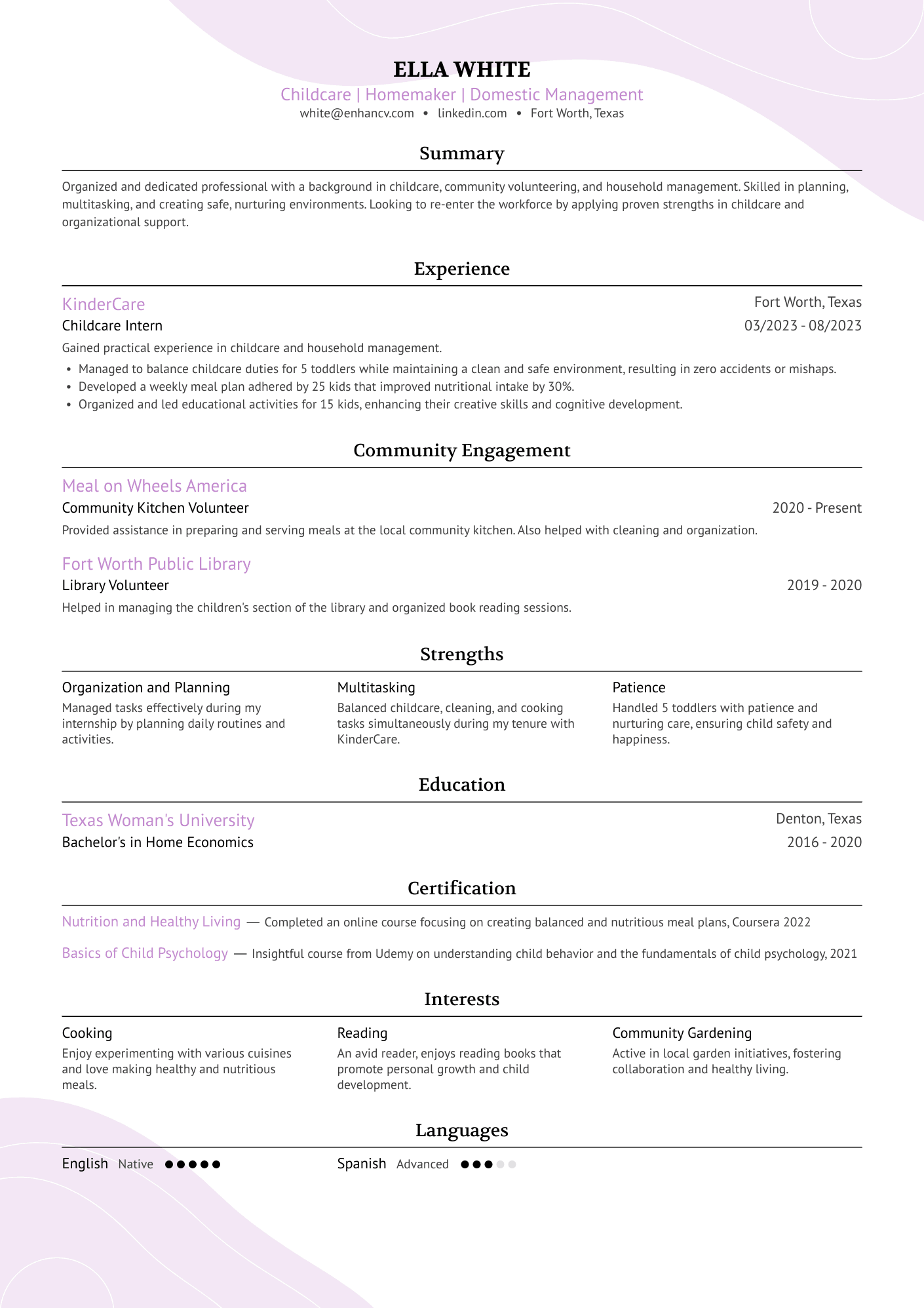 Childcare | Homemaker | Domestic Management resume example