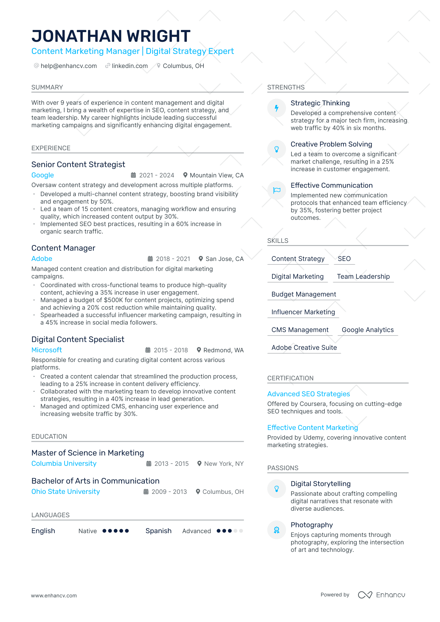 Content Marketing Manager | Digital Strategy Expert resume example