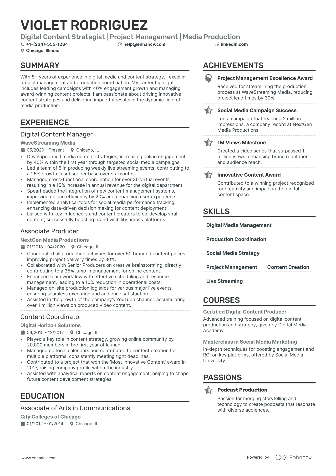 Digital Content Strategist | Project Management | Media Production resume example