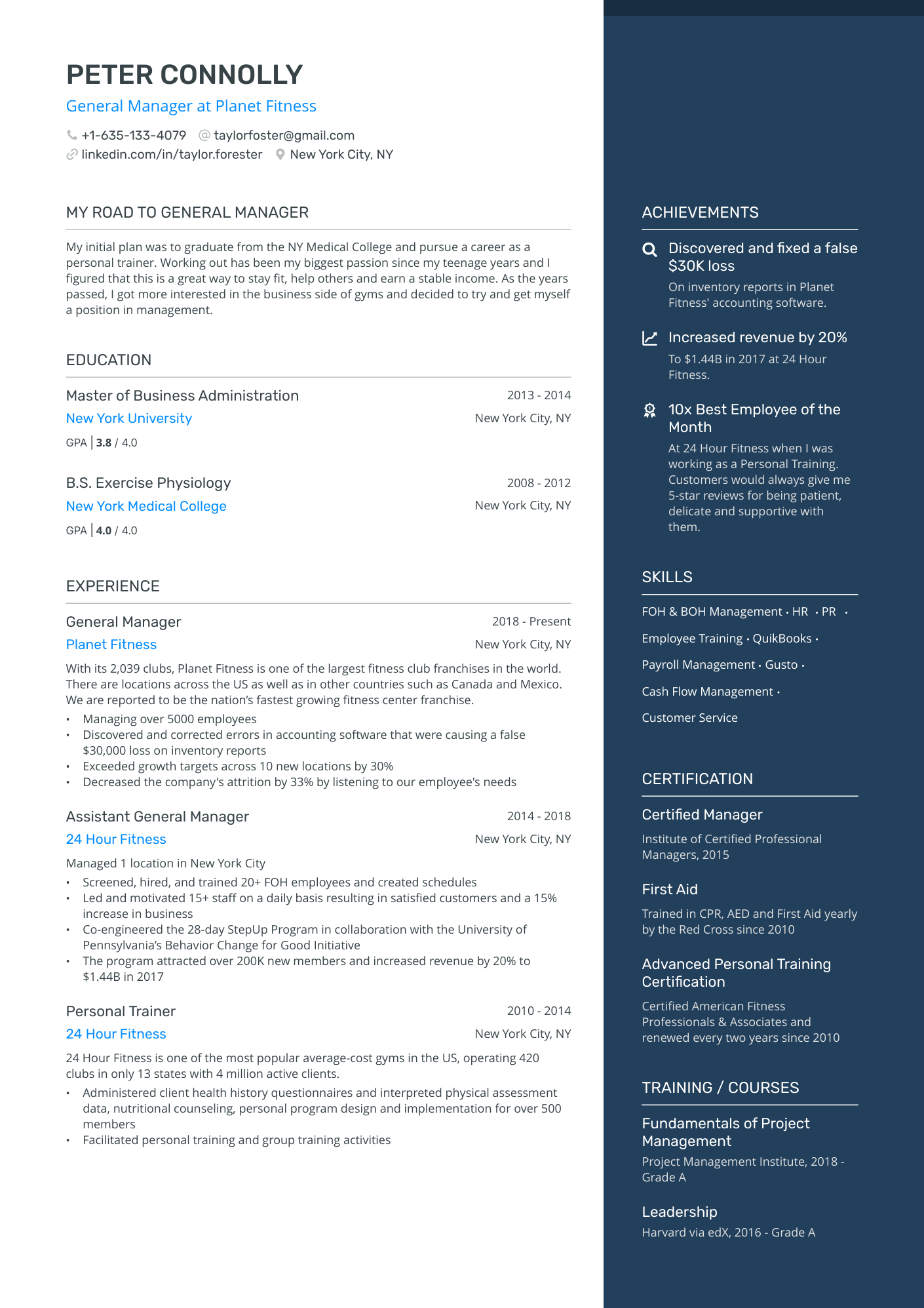 General Manager at Planet Fitness resume example