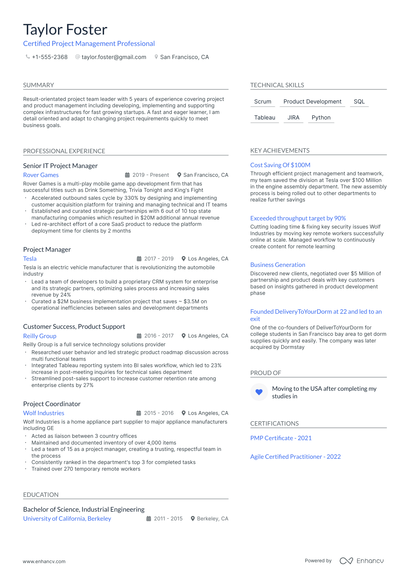 Certified Project Management Professional resume example