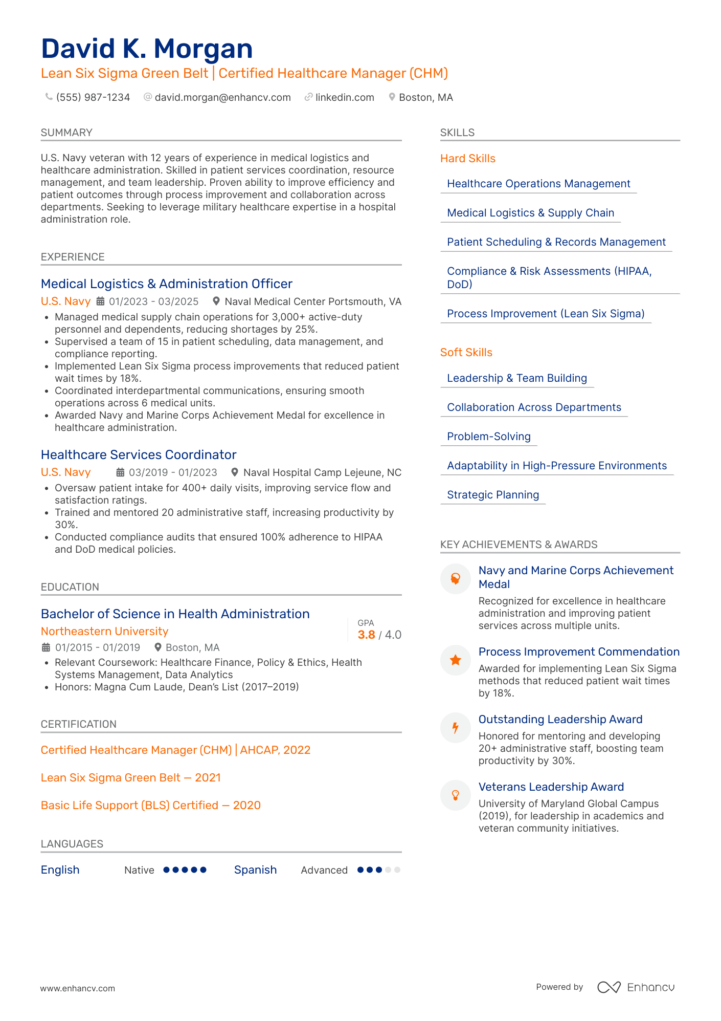 Lean Six Sigma Green Belt | Certified Healthcare Manager (CHM) resume example