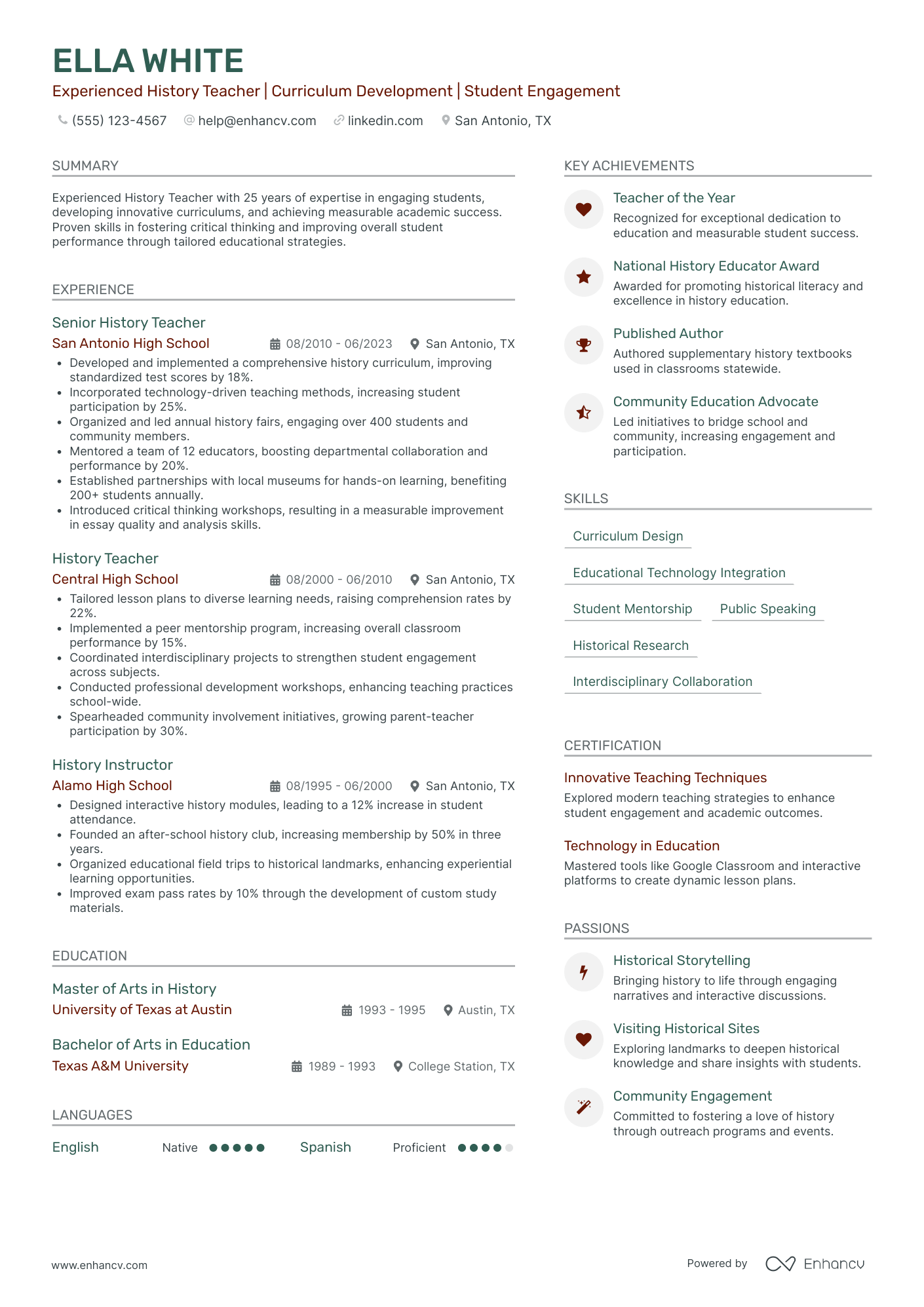 Experienced History Teacher | Curriculum Development | Student Engagement resume example