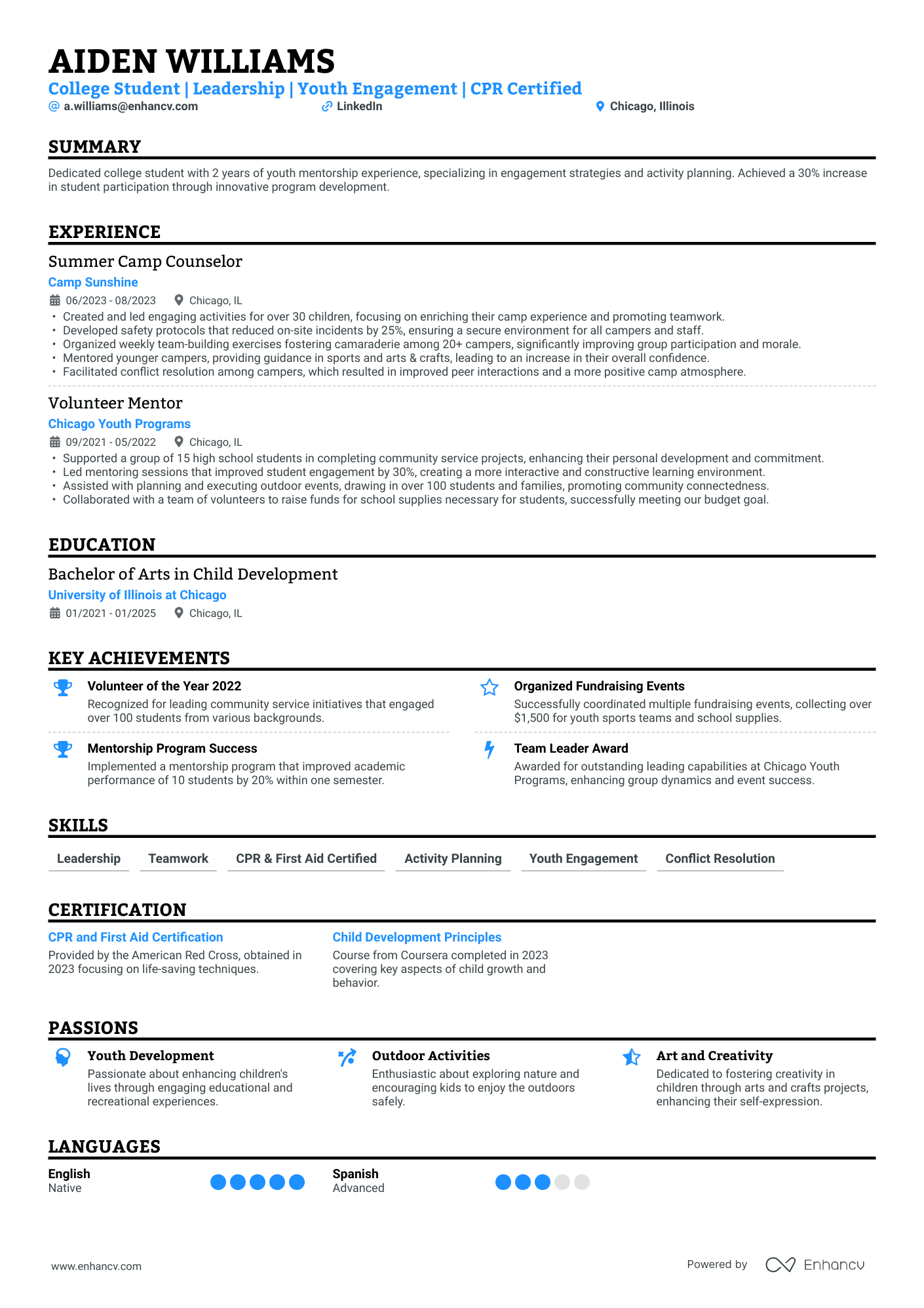 College Student | Leadership | Youth Engagement | CPR Certified resume example