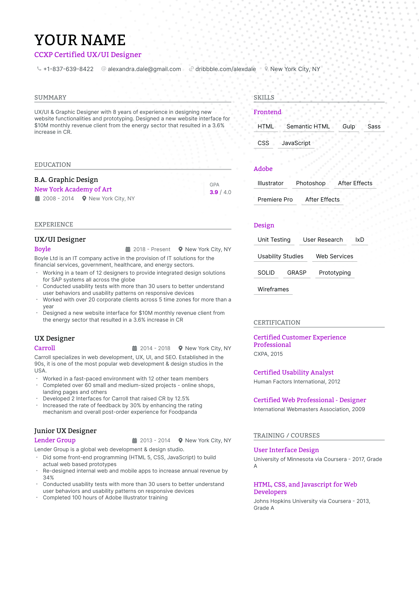 CCXP Certified UX/UI Designer resume example