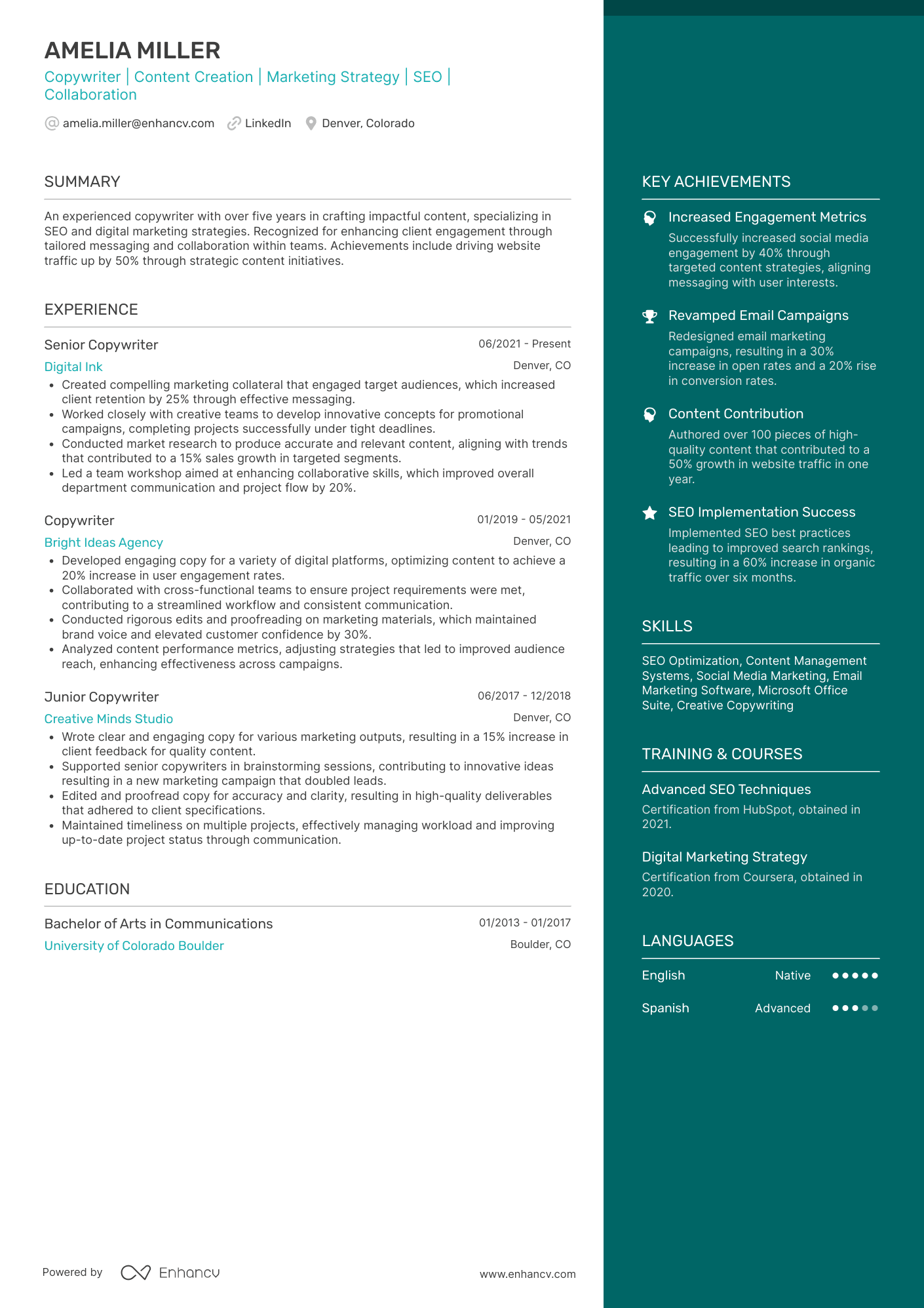 Copywriter | Content Creation | Marketing Strategy | SEO | Collaboration resume example