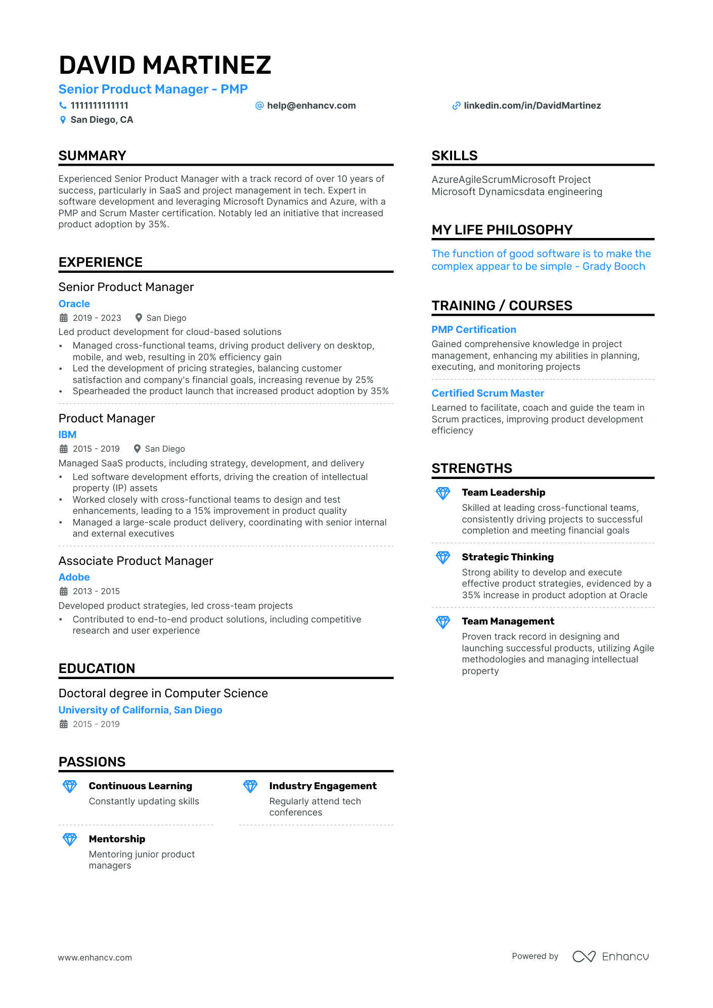 Senior Product Manager | SaaS | Agile & Scrum | PMP resume example