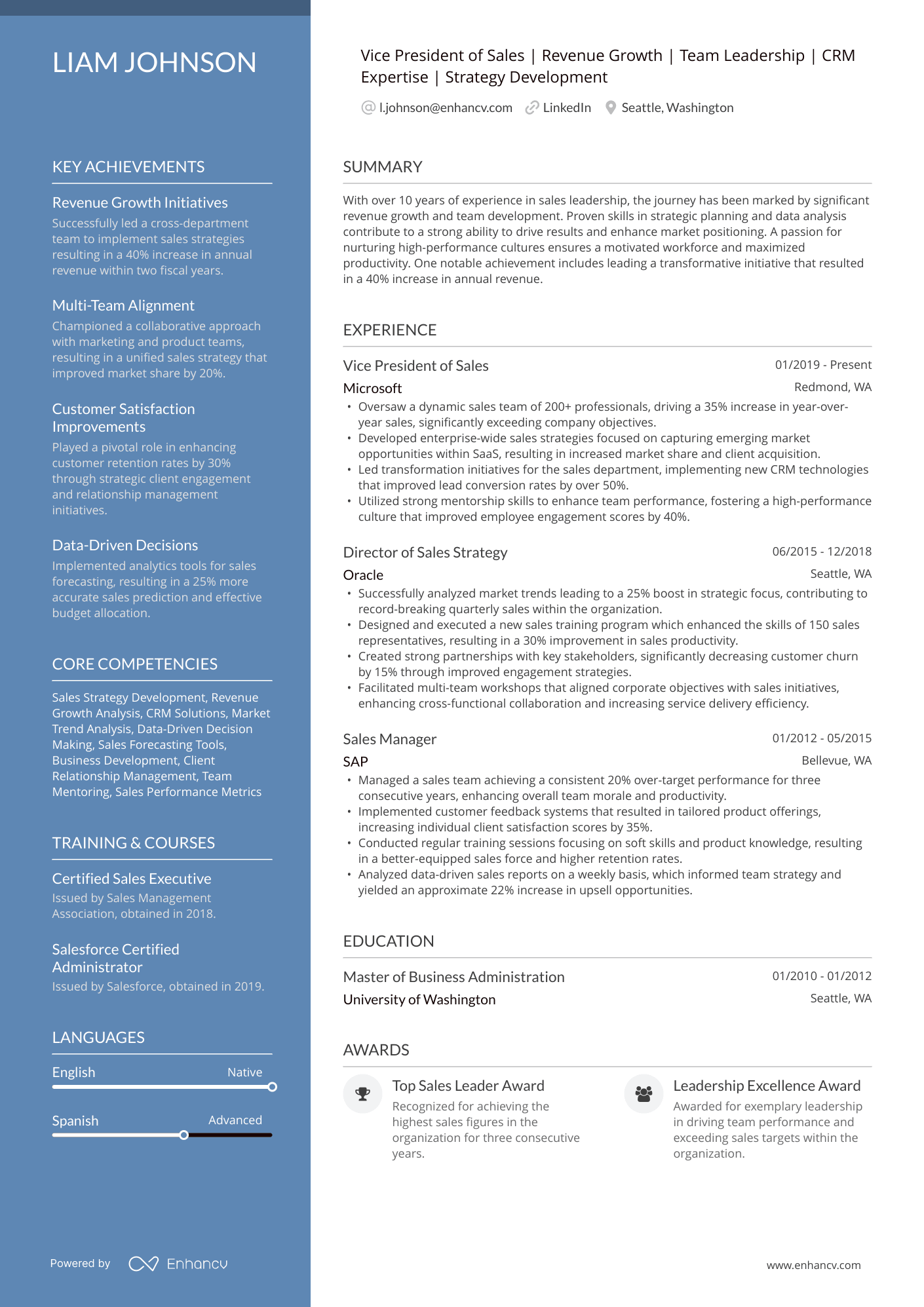 Vice President of Sales | Revenue Growth | Team Leadership | CRM Expertise | Strategy Development resume example