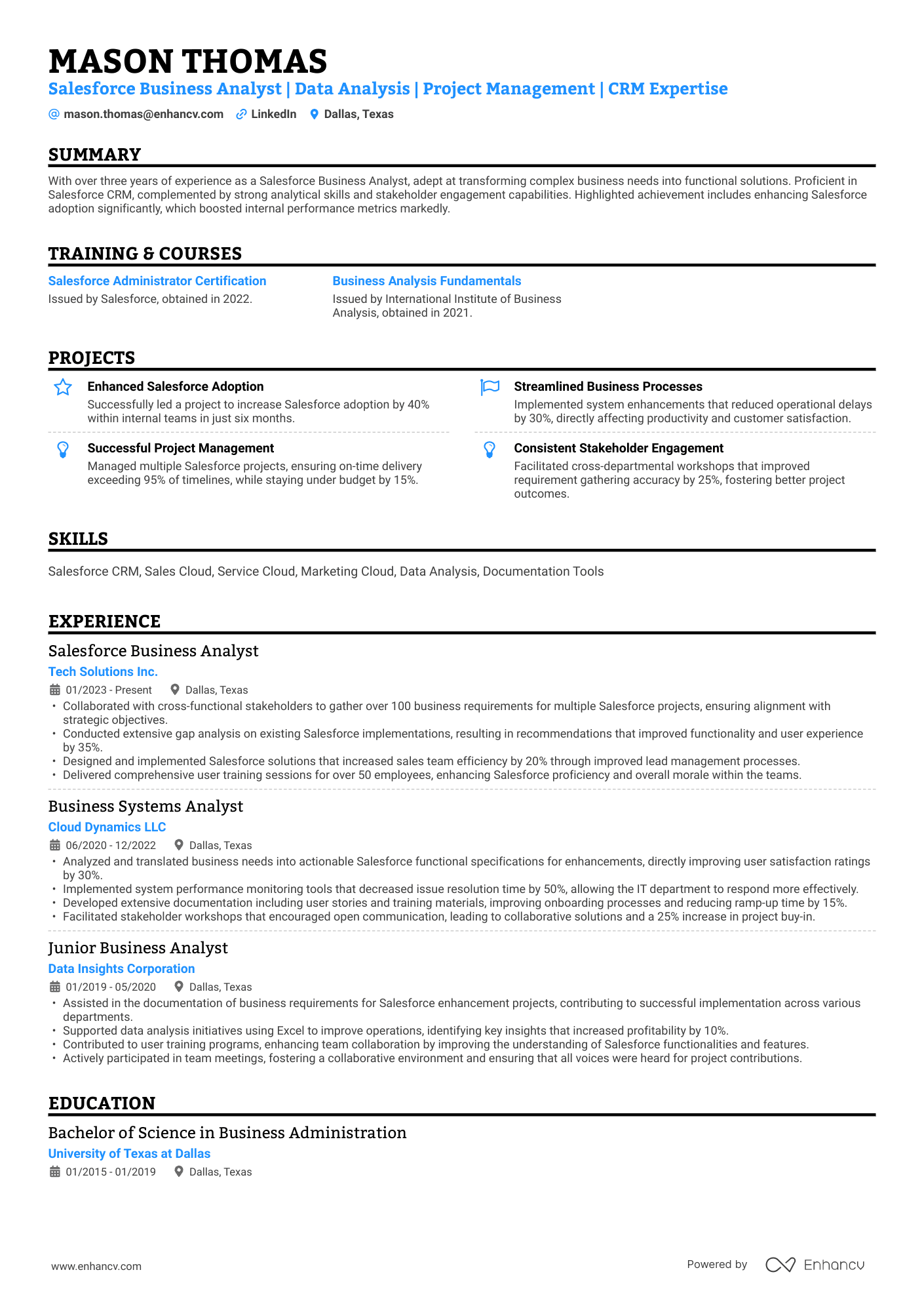 Salesforce Business Analyst | Data Analysis | Project Management | CRM Expertise resume example