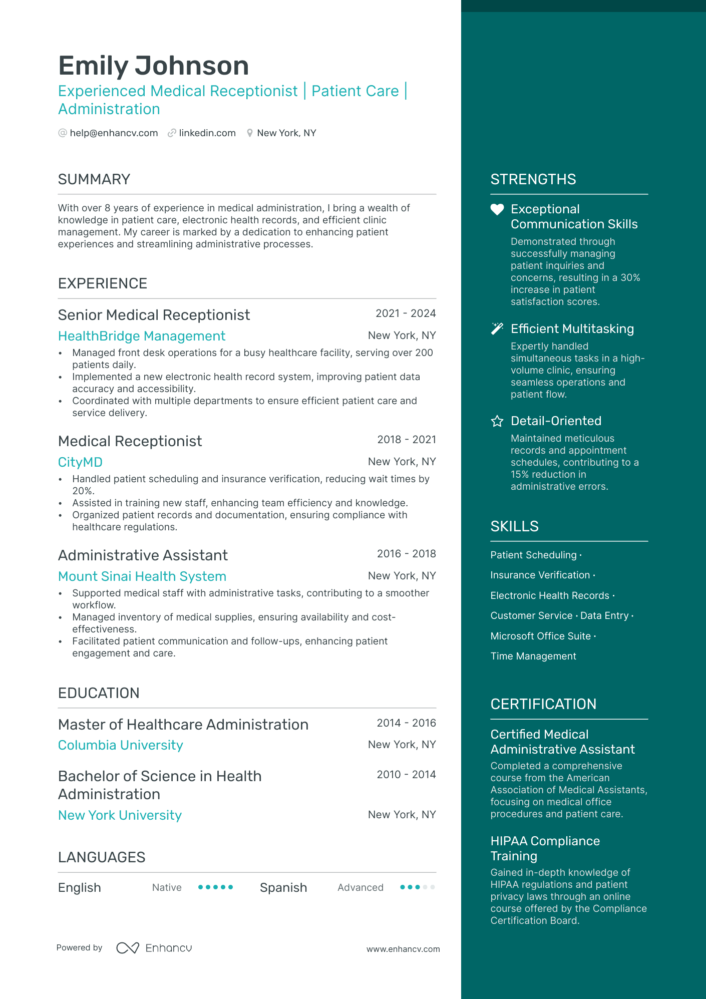 Experienced Medical Receptionist | Patient Care | Administration resume example