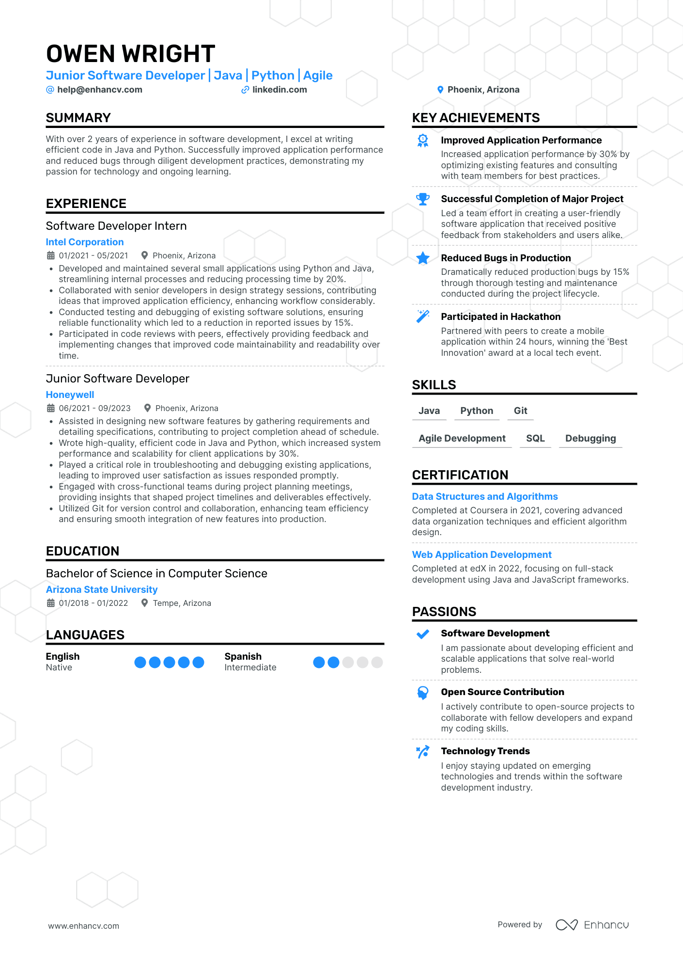 Junior Software Developer | Java | Python | Agile resume example