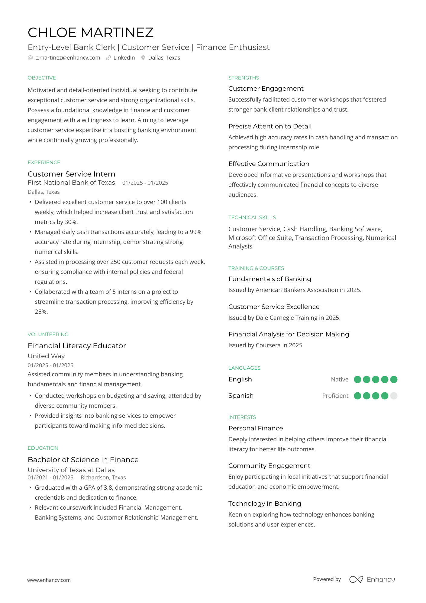 Entry Level Bank Clerk | Customer Service | Finance Enthusiast resume example
