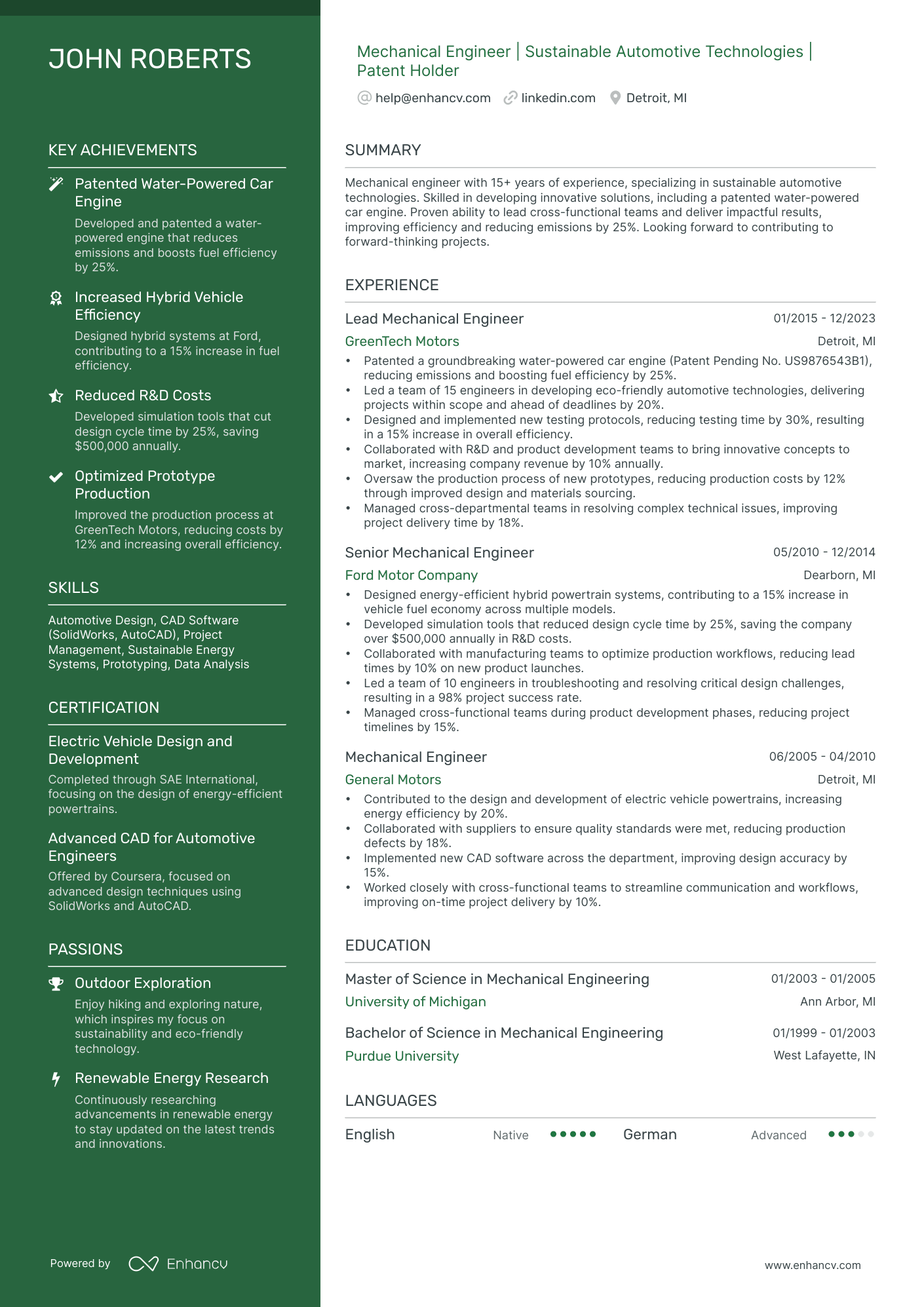 Mechanical Engineer | Sustainable Automotive Technologies | Patent Holder resume example