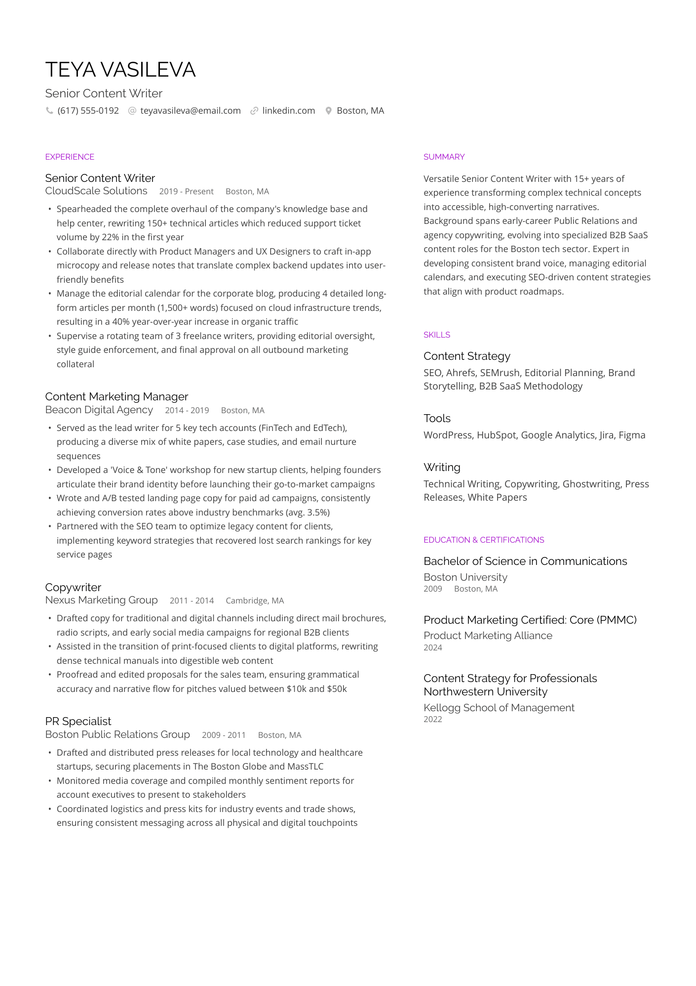 Senior Content Writer resume example