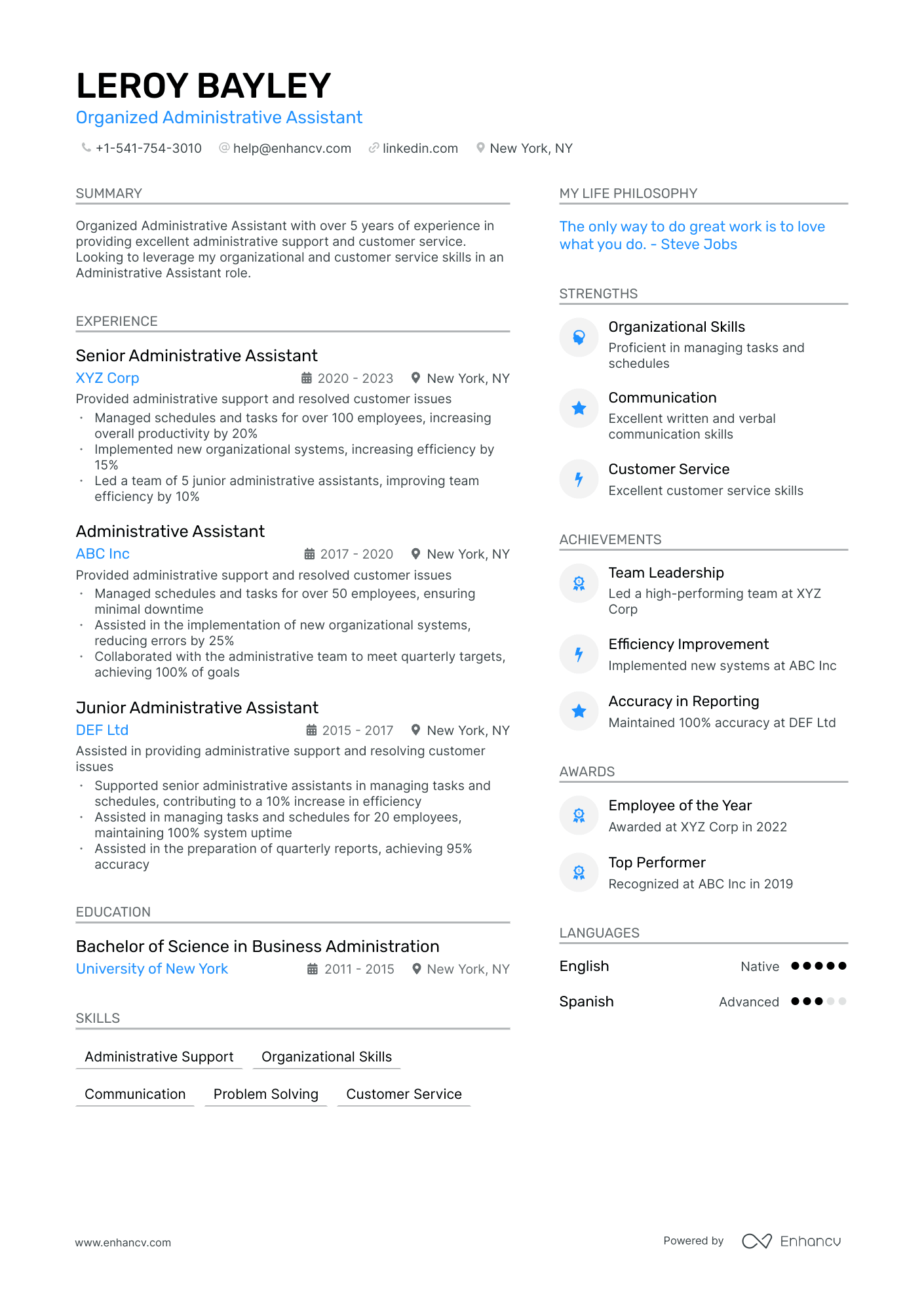 Organized Administrative Assistant resume example