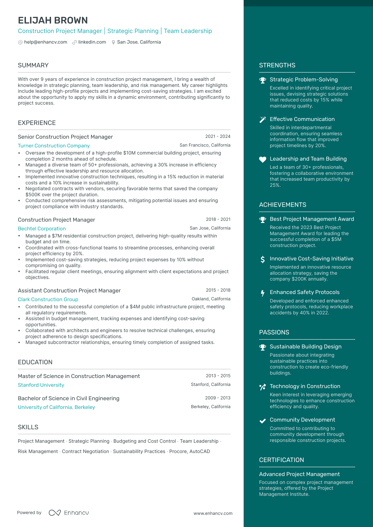 Construction Project Manager | Strategic Planning | Team Leadership resume example