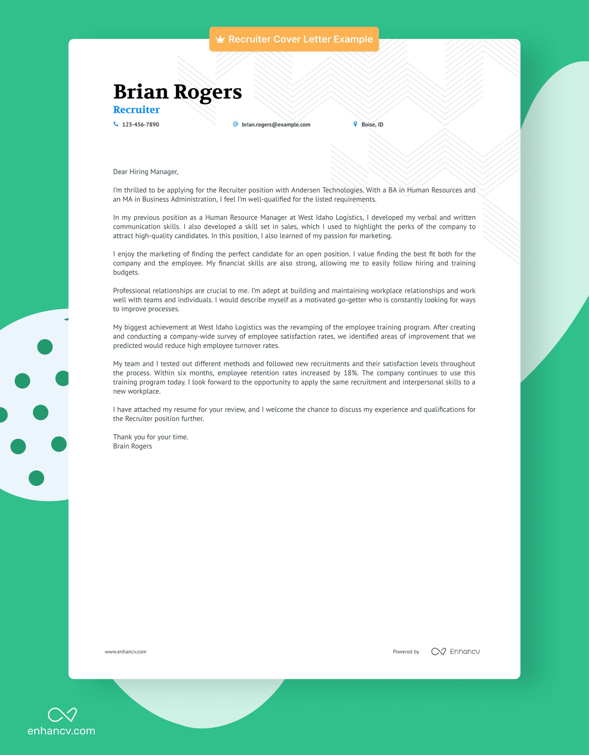 A cover letter example for a recruiter position build with the Enhancv cover letter builder.