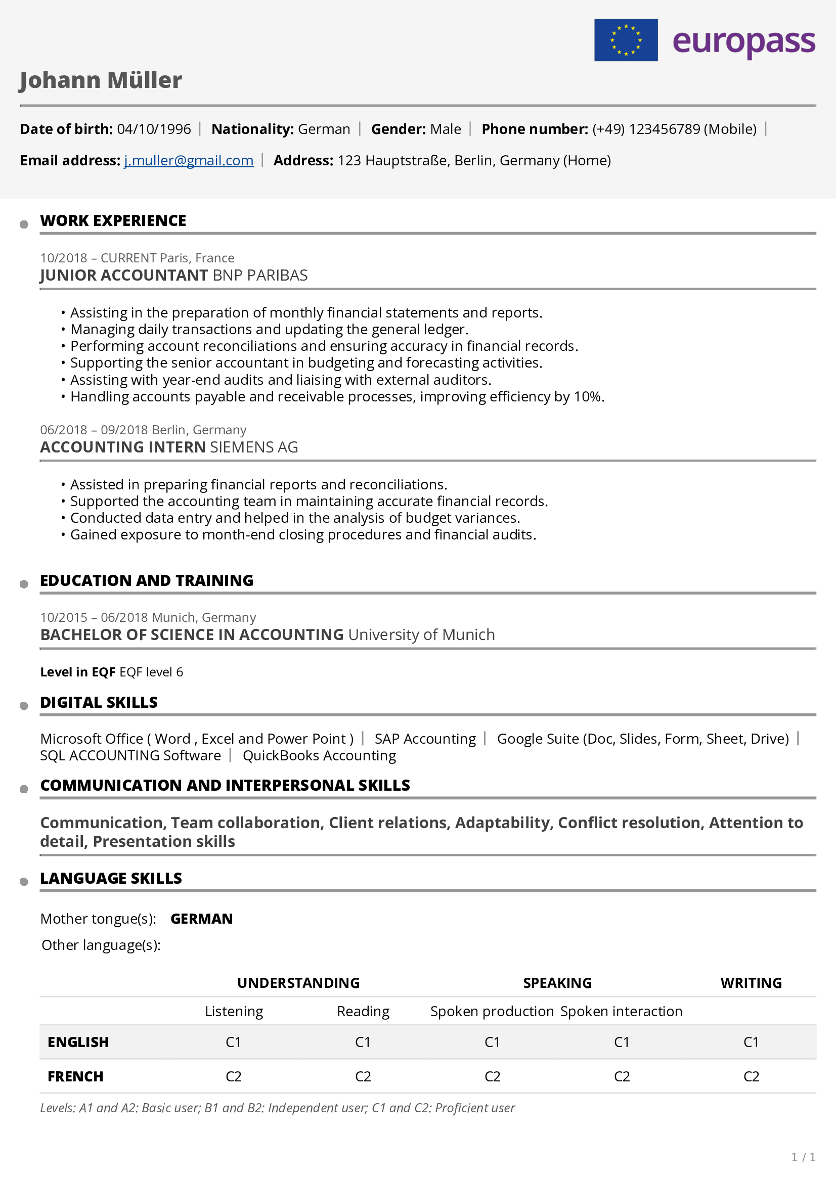 Resume sample for Johann Müller, a junior accountant with work experience at BNP Paribas and Siemens AG, including education details from University of Munich, digital and language skills, and communication competencies.