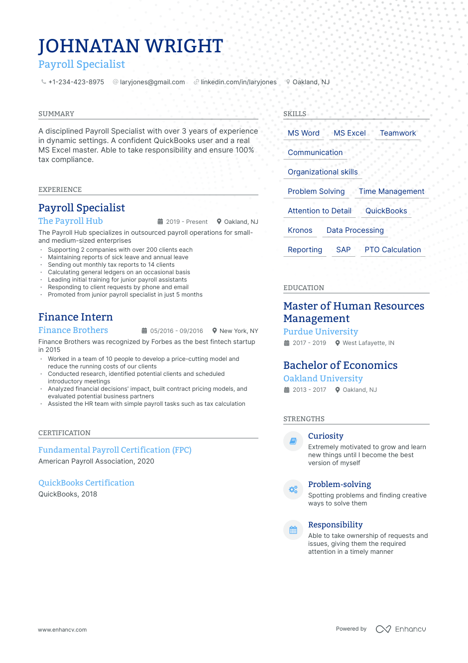 Payroll accountant resume example