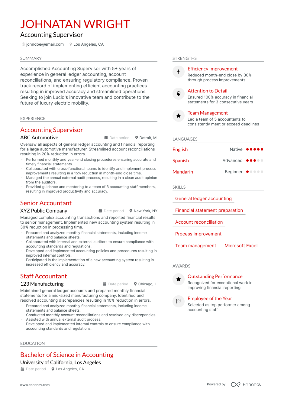 Accounting supervisor resume example