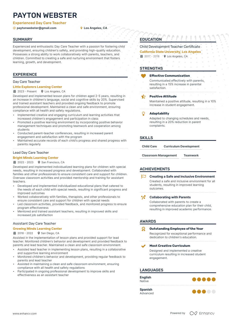 Experienced Day Care Teacher resume example