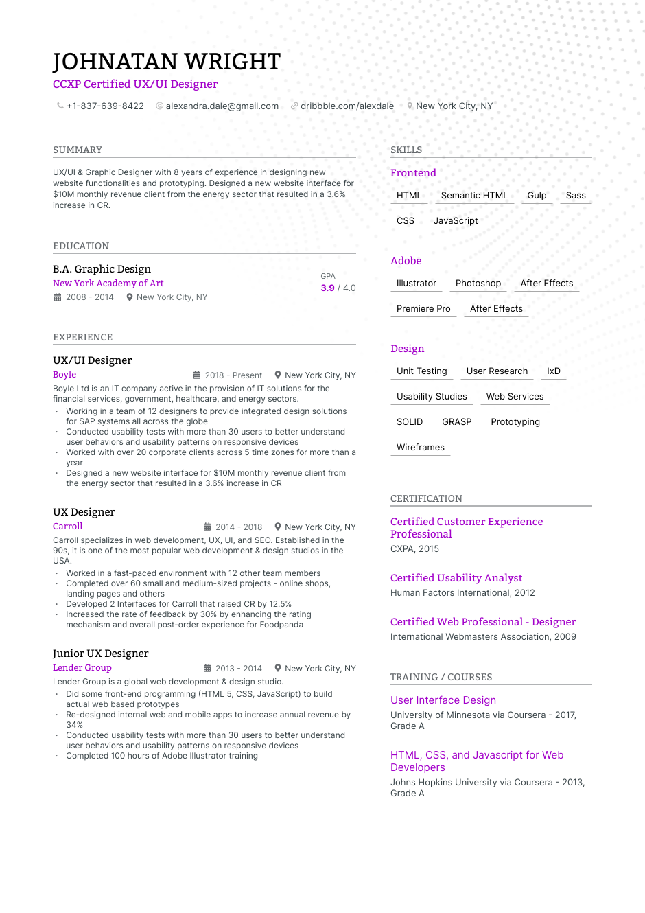 CCXP Certified UX/UI Designer resume example