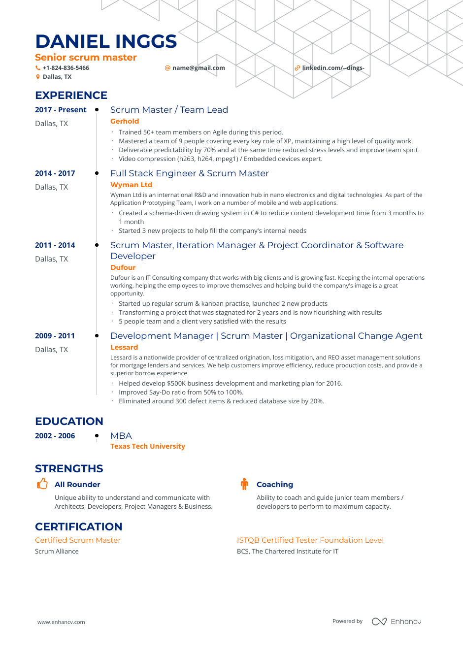 Senior level scrum master resume example