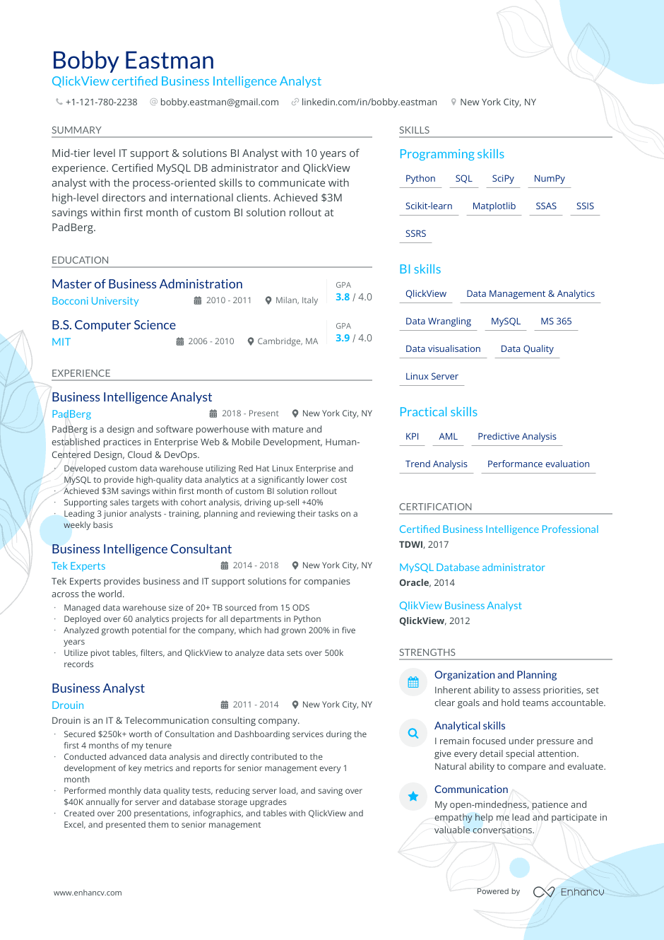 QlickView Certified BI analyst resume example