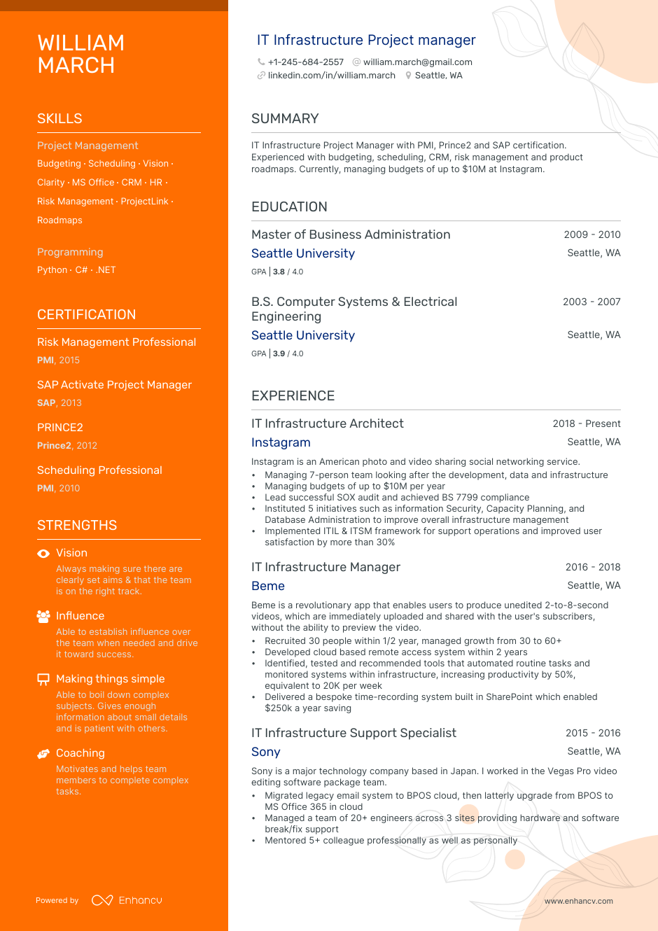 IT infrastructure project manager resume