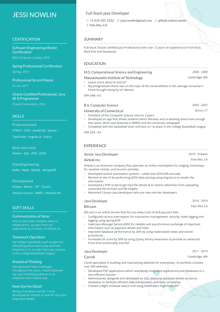 Full stack java developer resume example