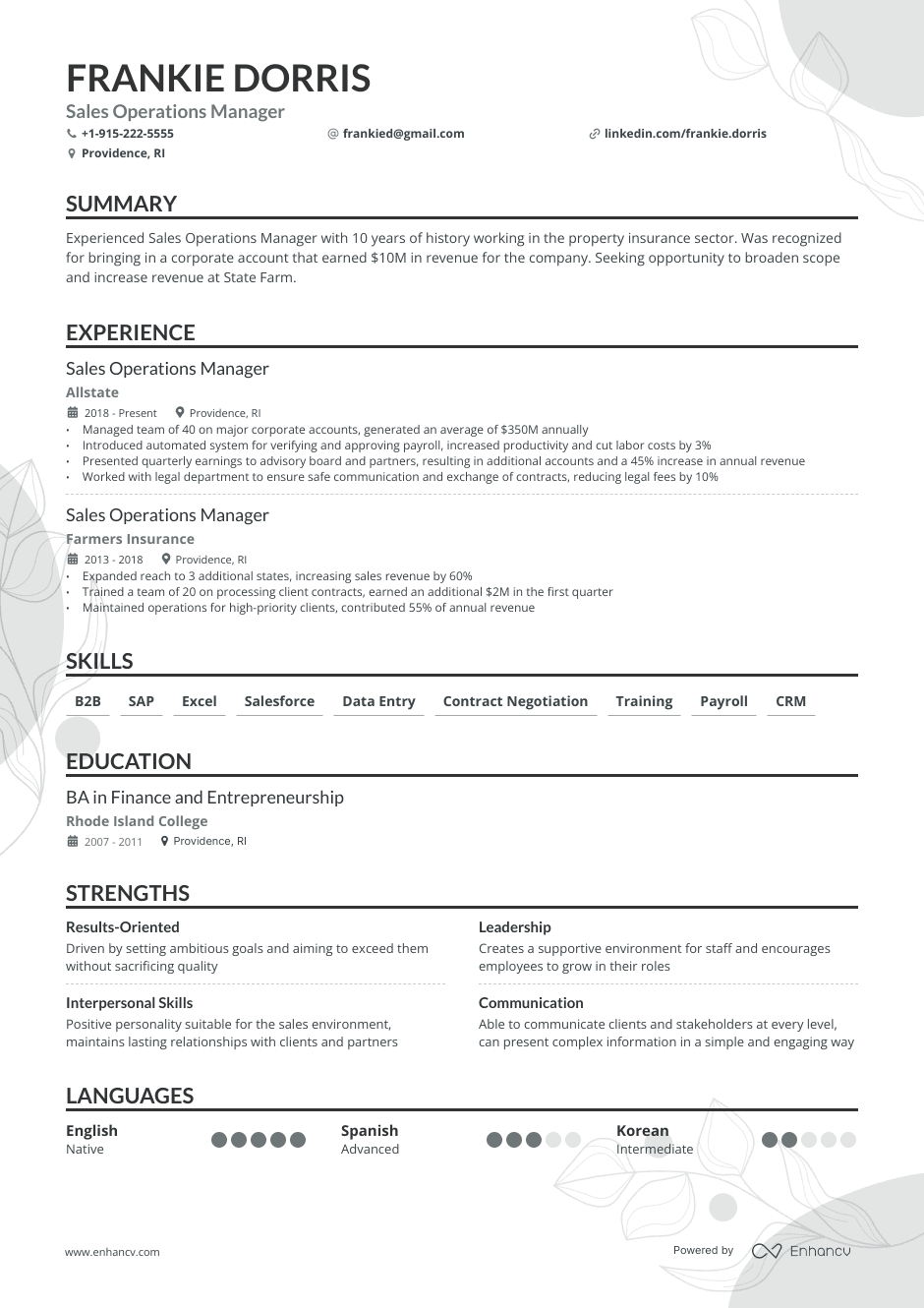 Sales operations manager resume example