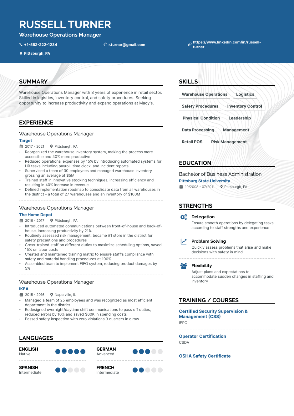 Warehouse operations manager resume example