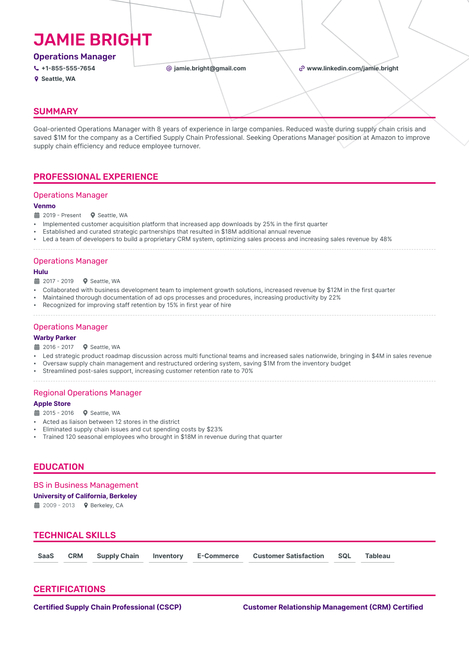 Amazon operations manager resume example