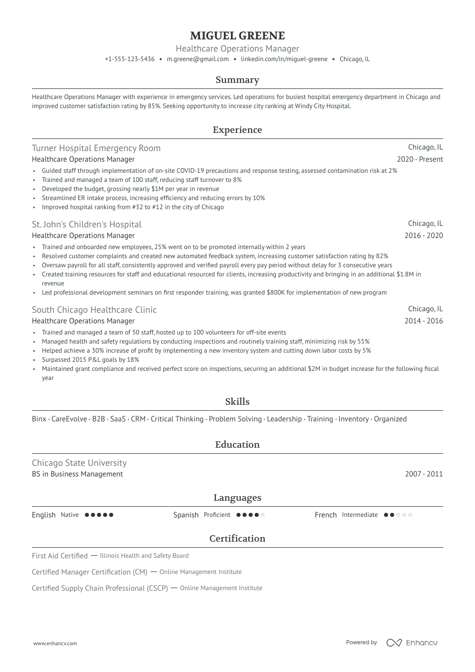 Healthcare operations manager resume example