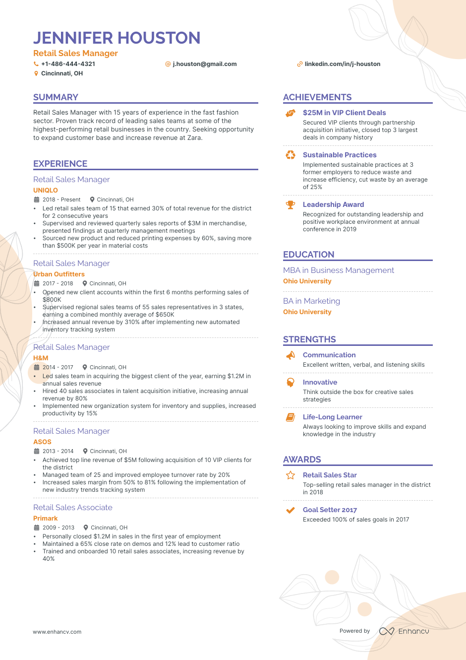 Retail sales manager resume