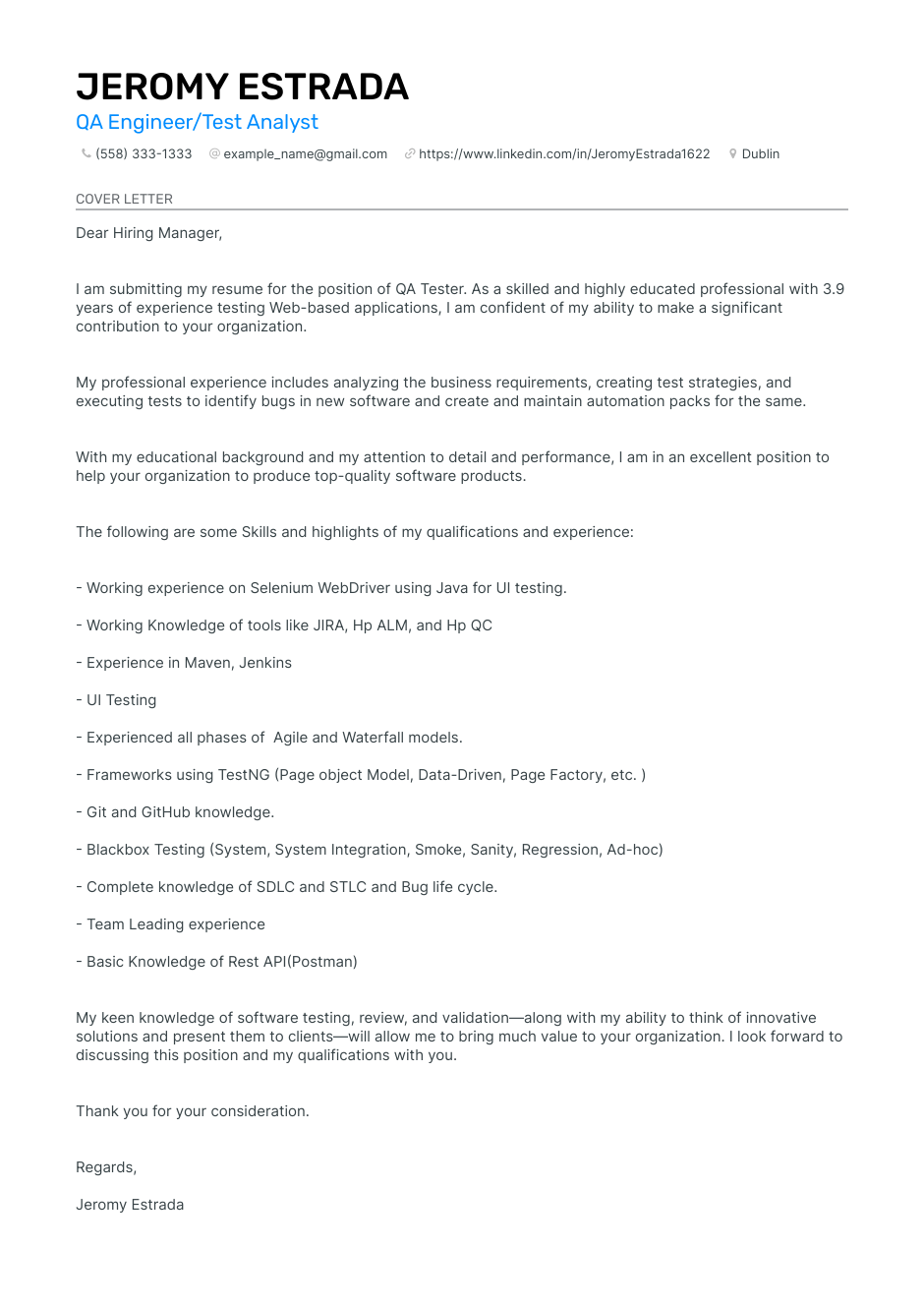 QA Engineer/Test Analyst resume example